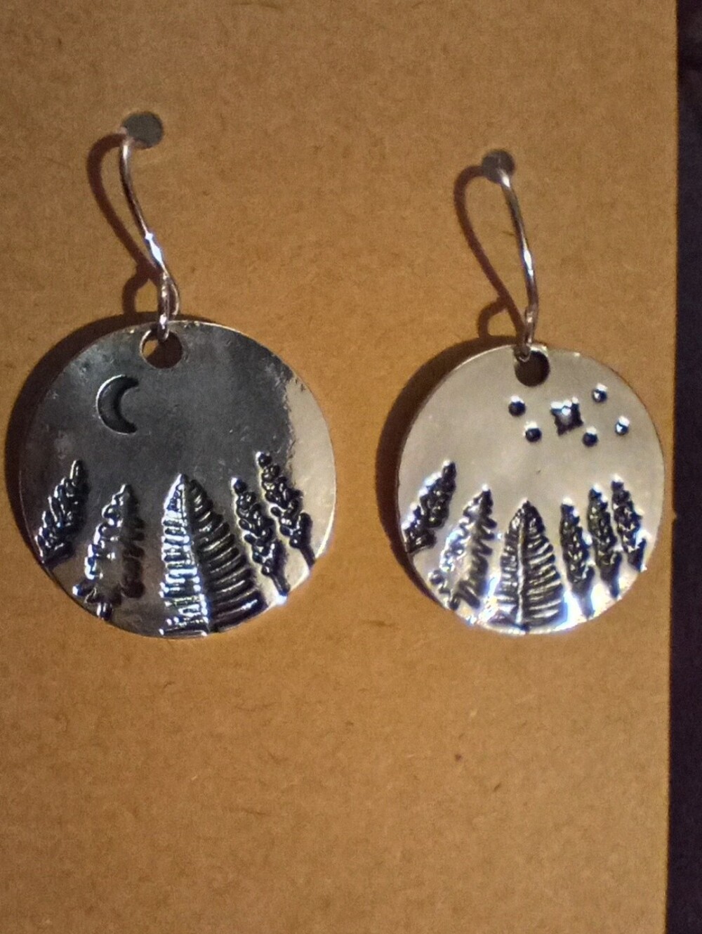Silver Toned Pine Forest Moon & Stars Asymmetrical Earrings